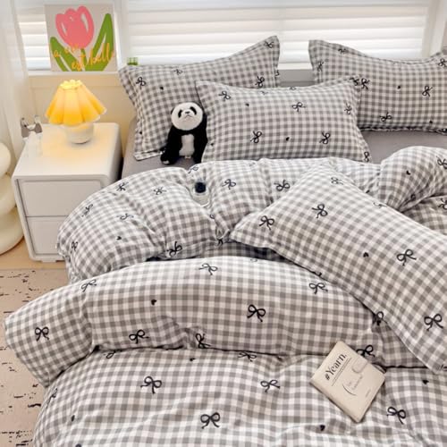 Nayoroom Bettwäsche 135x200 Grau Kariet mit Schwarz Herzen Schleifen Mädchen Bettbezug Set 2teilig Aesthetic Cute Renforce Mikrofaser Modern Bettwäsche-Sets und Kissenbezug 80x80 mit Reißverschluss