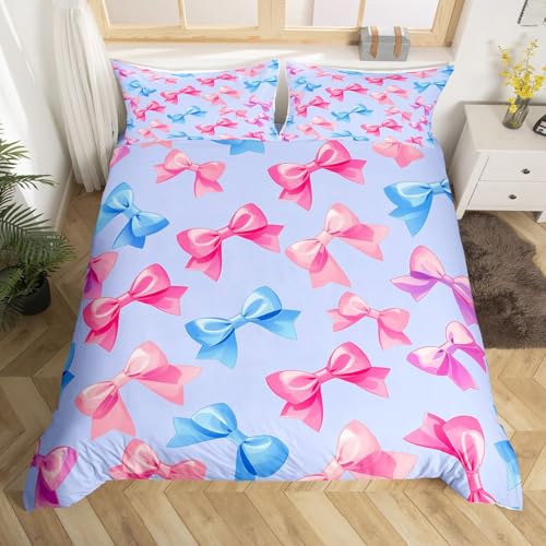 Homewish Bandbogen Bettwäsche 220x240 Bowknot für Kinder Mädchen Frauen Bettbezug Prinzessin Seide Textur Bowtie Thema Bettwäsche Set Kawaii Blau Rosa Bogen Träumig Bedding Wohndekor 3 Teilig
