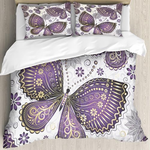 MJNLYDAO Sleeptime 100% Baumwolle Bettwäsche - Bettbezüge mit Reißverschluss - Set mit 2 Kissenbezüge,Nahtloses Muster mit goldenen Schmetterlingen und Paisley-Blumen auf weißem Hinter,228x264 cm