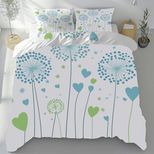 Tyafsgvqo Pflanzen Pusteblume Bügelfreie Bettwäsche 3 Teilig, Löwenzahn Blumenmuster Bettbezug 135x200 cm, Tropisch Botanisch Bettwäsche Set Weich Atmungsaktiv, Wendebettwäsche mit 2 Kissenbezug 80x80
