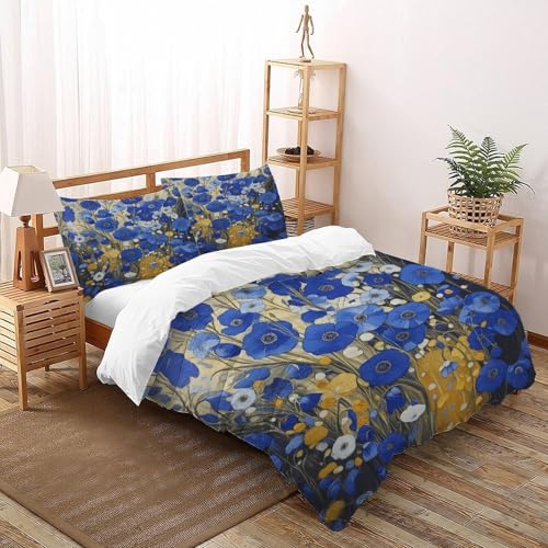 DOXLITVT Blue Flowers Yellow Bettwäsche Elegant Rural Plants Kinderbettwäsche-Set 3-teilig Mit Kissenbezügen Betten Set Für Jungen Und Mädchen,Kinder Double?200x200cm?