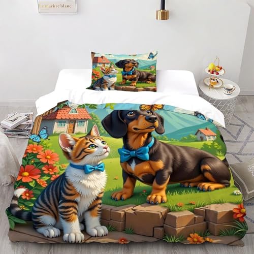 XIKMLSID Katze und Hund Bettwäsche 2-teiliges Mikrofaser,Süße Tiere Bettwäsche-Sets,100% Baumwolle,Für Erwachsene Und Kinder Geeignet Single?135x200cm?