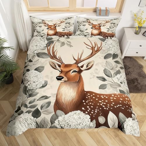 Homewish Rustikale Hirsch Bettwäsche für Erwachsene Frauen Mädchen Kinder Teenager,Elegantes Wildtier Bettbezug 135x200 Ästhetische Weiße Botanischen Blumen Bettwäscheset Wendbar Schwarz Raumdekor