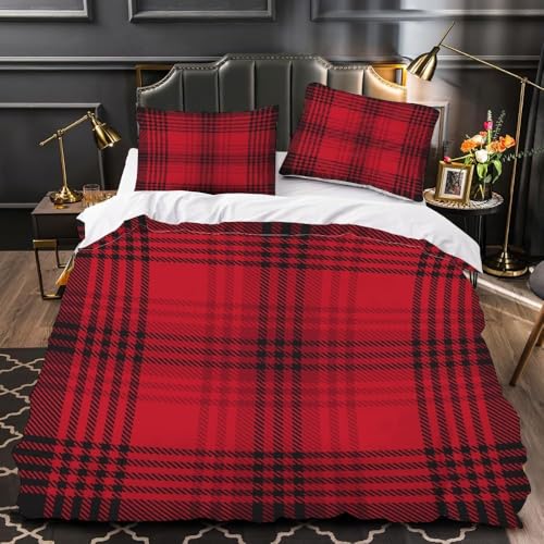 Bettwäsche 155x220 Rot-Schwarz Kariert 3D Druck Bettbezug Kuschelig Weich Mikrofaser Bettwäsche Set 3 Teilig Bettwäsche-Sets Weihnachten Bettbezüge mit 2 Kissenbezüge 80x80 cm F-1042