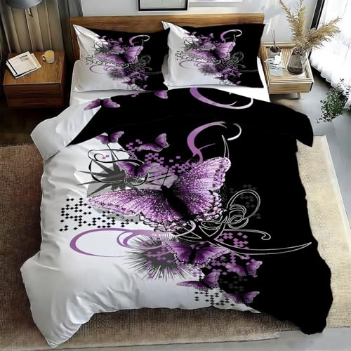 Generisch BettwäSche 200x220 Violette Schmetterlinge Bettbezug Set 3 Teilig Weiß minimalistisch BettbezüGe und 2 Kissenbezug 80x80, BettwäSche-Sets Weiche Microfaser mit ReißVerschluss PA707
