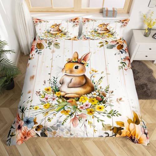 Homewish Kaninchen Kinderbettwäsche 135x200 Aquarell, Blumen Tiere Bettbezug Niedlich für Mädchen Jungen, Braunbeige Ästhetische Bett Set, mit 1 Kissenbezug Holzbrett Dekor, Weiche Mikrofaser