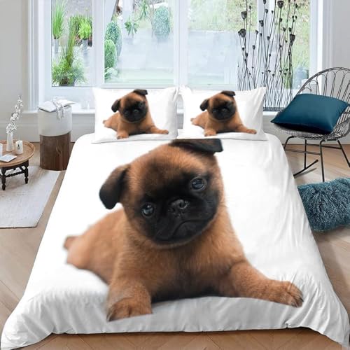 Bettwäsche 140x200 Mops Bettbezug Set Weich Mikrofaser Bettwäsche-Sets Welpen Bettwäsche Set 3 Teilig 3D Druck Bettbezüge mit Reißverschluss und 2 Kissenbezüge C-3111