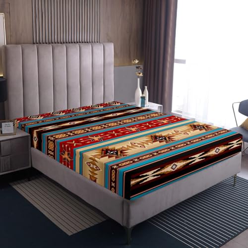 Aztekische Bettwäsche Sets Ethnische Tribal Pfeil Spannbettlaken,Vintage Southwestern Native Bohemian Bettwäsche 90x200x30,Western Star Bettwäsche Exotische Geometrische Diamantstreifen Zimmer Dekor