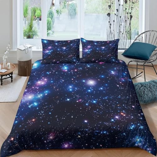 Bettwäsche 200x200 Weltraumthema 3D Weich Mikrofaser Bettbezug 200 x 200 Blauer & violetter Sternenhimmel Bettwäsche-Sets 3 Teilig Bettbezüge mit Reißverschlus und 2 Kissenbezug 80x80cm a_594