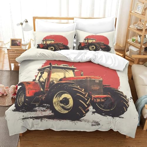 SJSXWQN Bettwäsche 200x200 Traktor Bettwäsche-Set mit Reißverschluss Schließung für Erwachsene Kinder Weicher Atmungsaktive Mikrofaser Bettbezug + 2 Kopfkissenbezug 80x80 cm