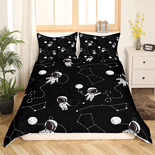 Homewish Astronaut Bettwäsche 135 x 200 Kinder Karikatur Spaceman Bettbezug für Jungen Mädchen Kleinkinder Trippy Galaxy Bettwäsche Set Zodiac Astrologie Bettbezug Schwarz Weiß Bettwäsche Set 2 Stück