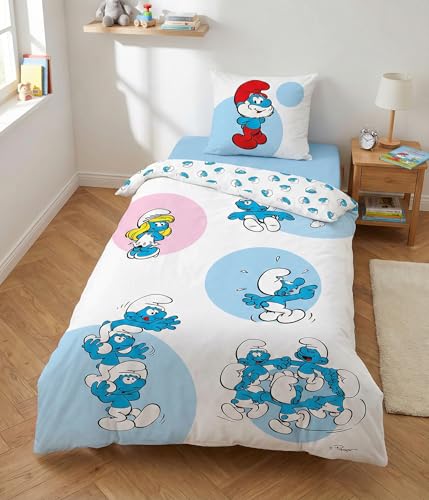 Aymax Bettwäsche, Motiv Schlümpfe, 100 % Baumwolle, wendbarer Bettbezug, 140 x 200 cm + Kissenbezug 65 x 65 cm, Blau