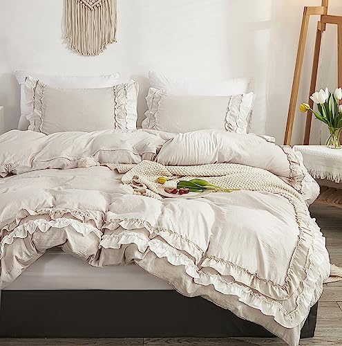 GETIYA Romantisch Rüschen Bettwäsche 135x200 Damen Mädchen Bettwäsche Beige Weich Mikrofaser Bettwäsche mit Doppellagige Rüschen Aesthetic Rüschen Bettbezug Zweiteilig mit 1 Kissenbezug 80x80