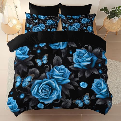 Generisch Weiche Mikrofaser Bettwäsche-Set 150 x 200 cm, Pflanzen Blaue Rose Schmetterling Druck Atmungsaktiv kuschelig Bettbezug, Schwarz pflegeleicht Bettbezug mit Reißverschluss