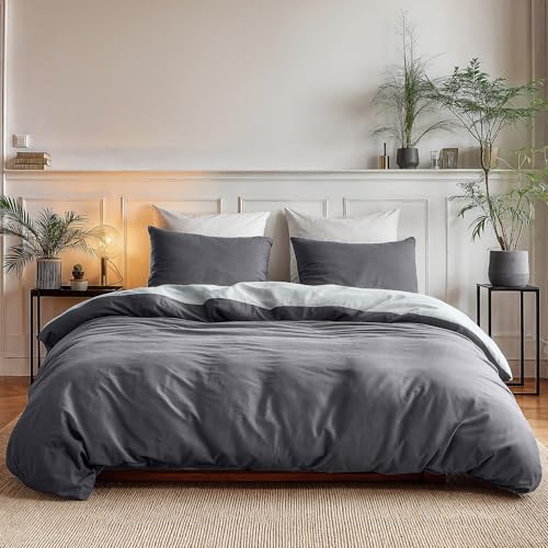 Sleeptime Bettwäsche 3-teilig 100% Baumwolle – atmungsaktiv & hautfreundlich – Oeko-TEX® geprüft, Reißverschluss, pflegeleicht – 1x Bettbezug 200x200 cm + 2X Kissenbezug 80x80 cm – Anthrazit Grau