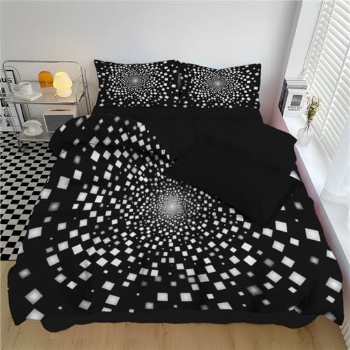 WunM Studio Bettwäsche 200 * 200cm Schwarz Schwarz-weiße Würfel Bettbezug Set 3 Teilig Optische Täuschung Blümchen Blumenmuster Weich Bettwäsche-Sets mit 2 Kissenbezüge 80x80 cm und Reißverschluss