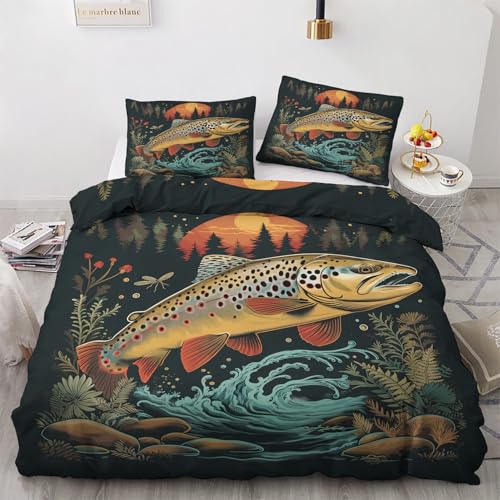 Bettwäsche 155x220 Angeln Forelle Motiv - Fisch Fischer Bettbezug und 1 Kissenbezug 80x80, Weiche Bügelfreie Mikrofaser Deckenbezug 2er Set mit Reißverschluss, Wendebettwäsche & Deko M&-1388