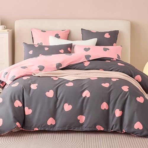 Tospass Grau Bettwäsche 135 x 200 cm Mädchen – Mikrofaser Grau Rosa Herzen auf Seite A, Rosa Graue Herzen auf Seite B, Bettbezug mit Reißverschluss und 1 Kissenbezug 80 x 80 cm