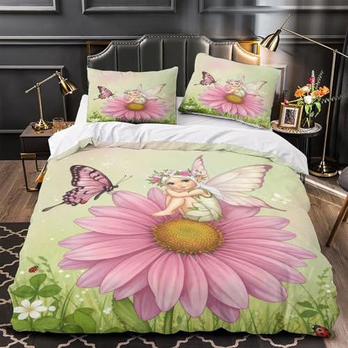 RJAVAGFZL Fee sitzt auf Blume 3D-Bedruckt 3er-Set Bettdeckenbezug skurrile Fantasy-Kunst Steppbezug Mikrofaser Reißverschluss Staubmilbenfest für Kleinkinder Männer Erwachsene Single (135x200cm)