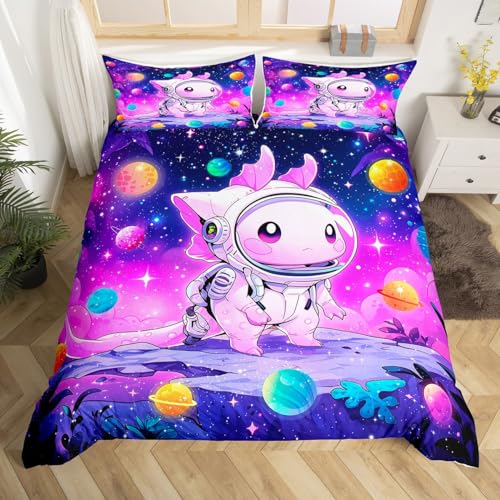 Cartoon Axolotl Kinder Bettbezug Set 155x220, Sternenhimmel Galaxy Outer Space Planet ,Mädchen Jungen Zimmer, niedliche Salamander Astronaut Tröster Abdeckung, lila Chic Quilt Cover, 1 Kissenbezug