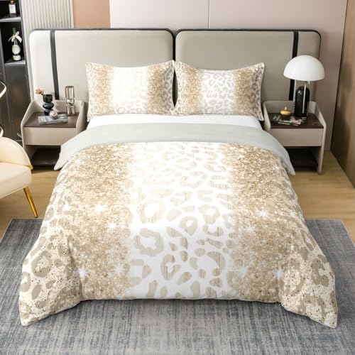 Homemissing Leopard Druck Bettwäsche-Set Beige Glitter Leopard Gepard Bettbezug Set für Jungen Mädchen Wilde Tiere Thema Baumwolle Bettwäsche Set 155x220cm 2 Stück Zimmer Dekor