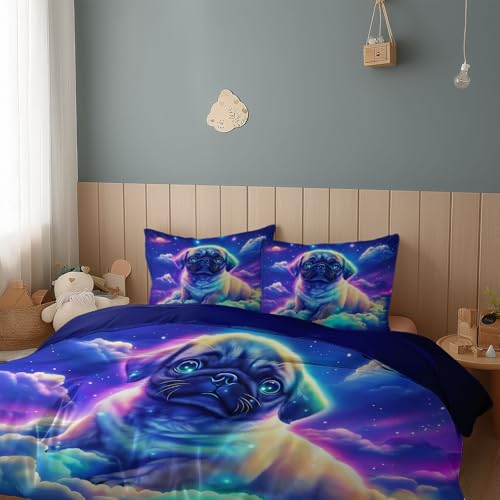 Srigzcaly Galaxie Mops Tier Fantasie 200 X 220 cm Bettwäsche Set Mit Reißverschluss Dunkelblau Lila Für Jungen Mädchen Mikrofaser Betten Set, Bettbezug Mit 2 Kissenbezug