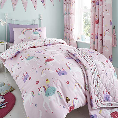 Happy Linen Company Mädchen Bettwäsche-Set - Einhörner, Prinzessin & Regenbögen - wendbar - Rosa - Doppelbett