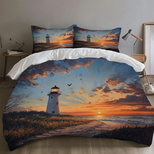 Sonnenuntergang Bettwäsche 155x200cm Leuchtturm am Meer Warm Weiche Bettwäsche Set Microfaser Bettbezug 155x200 und 2 Kissenbezüge 80x80cm mit Reißverschluss für Erwachsene m.634