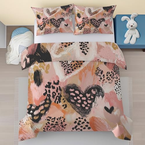 Generisch Leopard Herz Bettwäsche 200x200, Abstrakt Gepard Liebe Muster Mikrofaser Bettwäsche-Sets, Mädchen 3 Teilig Bettdeckenbezug mit Reißverschluss - 1 Bettbezug mit 2 Kissenbezügen 80x80 hHj-97