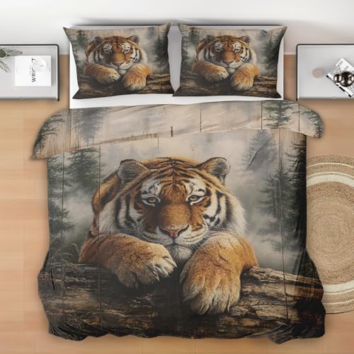 Generisch Tiger Tier Bettwäsche 135x200, 2 Teilig Bettbezug, Nebelwald Mikrofaser Bettwäsche-Set mit 1 Kissenbezüge 80x80 cm, Dschungel Tiger Deckenbezug mit Reißverschluss