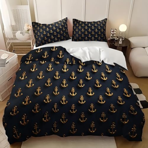 Bettwäsche 200x200 cm Maritimer Ankerdruck Bettwäsche Sets 100% Mikrofaser Bettbezug, Bügelfrei&Knitterfrei Maschinenwaschbar Gold Wendebettwäsche, mit Kissenbezug 80x80