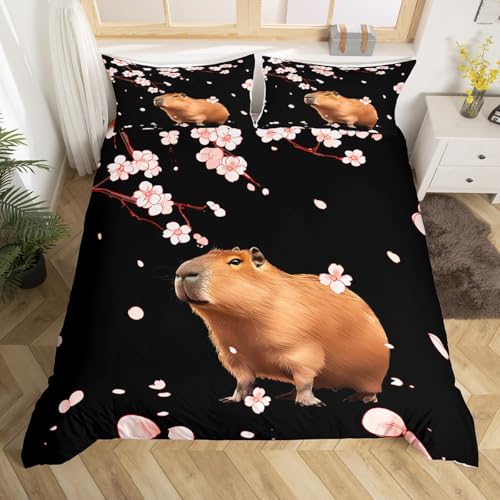 Homemissing Kinder Capybara Bettwäsche Set 135x200cm Japanische Kirschblüten Blumen Bettbezug für Jungen Mädchen Teens Kawaii Tier Betten Zimmer Dekor