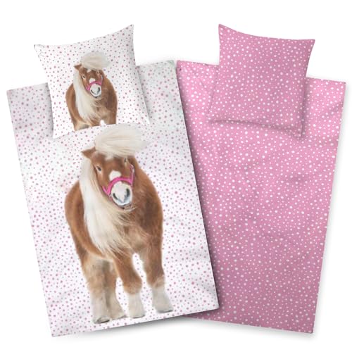 Aminata kids Bettwäsche Mädchen 135x200 Pferd - Kinder-Bettwäsche mit Pferde-Motiv Islandpony - weiß rosa - Reißverschluss Baumwolle Pony