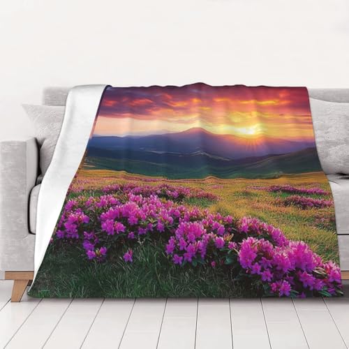 LKINHJGKUT Warme Flanelldecke, Motiv: Natur, violette Blumen, Wiese, Berge, malerische Flanelldecke, Berge, Überwurfdecke für Bettwäsche, Sofa, Couch, 102 x 127 cm