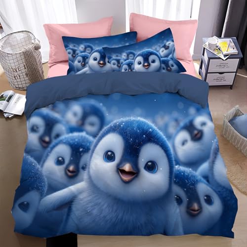 Bettwäsche 135*200cm Dunkelblau Cartoon-Pinguin Bettbezug Set 2 Teilig Kalte arktische Eisberge Blümchen Blumenmuster Weich Bettwäsche-Sets mit 1 Kissenbezüge 80x80 cm und Reißverschluss