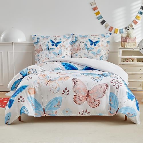 WUMIUER Bettwäsche 200x200 cm Set 3tlg Weiß Blau Schmetterling Bunt Druck - Weich Bettbezug 200x200cm und 2 Kissenbezug 80x80cm mit Reißverschluss für Mädchen Jungen Damen Doppelbett