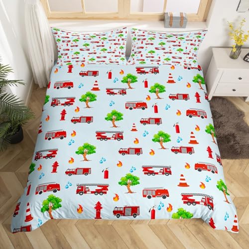 Cartoon Feuerwehr LKW Kinder Bettbezug Set S Größe,Feuerwehr Kleinkind Bettwäsche Set,Jungen Mädchen Männer Feuerwehr LKW Rettungsfahrzeuge Tröster Abdeckung,rote Mode Quilt Cover,1 Kissenbezug