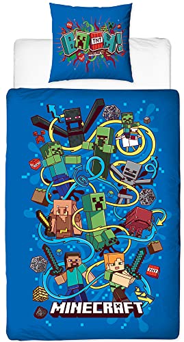 Minecraft Wende-Bettwäsche Slurp 135 x 200 cm + 80 x 80 cm 100% Baumwolle Renforcé-Linon-Qualität Kinderbettwäsche Creeper TNT Enderman Zombie Crafting Enderdrache Skelett 2 Motive Reißverschluss