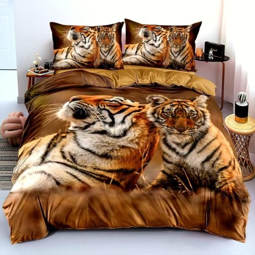 Luowei Tier Bettwäsche 155x220cm Kinder Jungen Tiger Motiv Braun Mikrofaser Bettbezug Set Weich 3D Effekt Bettwäsche 3teilig mit Reißverschluss und 2 Kissenbezug 80x80 cm