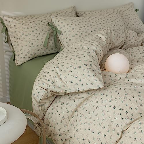 mixinni Landhausstil-Bettbezug für Doppelbett, Cottagecore, grünes Blumenmuster, Vintage-Bettwäsche, 3-teilig, mit Fliege, Kissenbezügen, 100 % Baumwolle, weich, ästhetisch, Boho-Tröster für Mädchen