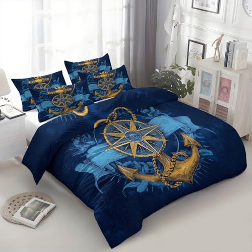Generisch Bettwäsche Mehrfarbig Modern Nautisch Kompass Anker Bettbezug 3er Set 180 x 200 cm, Wende Atmungsaktiv Microfaser Bettwäsche Set 1 Bettbezug mit Reißverschluss und 2 Kissenbezug