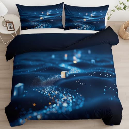 155 x 220 cm Bettwäsche-Sets Blau, Science Fiction Würfel Punkte Leuchten Bettwäsche Weiche Mikrofaser Allergiker 3 Teilig Bettbezug mit Reißverschluss, Deckenbezug für Teenager Erwachsene