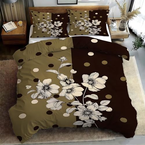 Generisch BettwäSche 200x200 Blumenmuster Bettbezug Set 3 Teilig Braune Punkte BettbezüGe und 2 Kissenbezug 80x80, BettwäSche-Sets Weiche Microfaser mit ReißVerschluss PA700