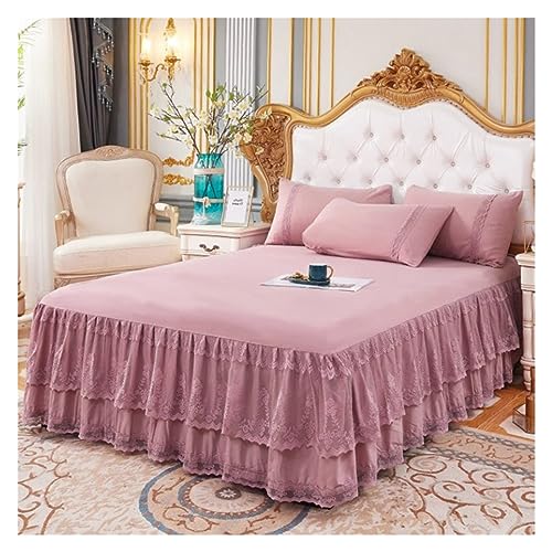 HIFRQVVC Minimalistischer Spitzen Bettrock, Spitze Luxus Prinzessin Mädchen Tagesdecke Queen King Size Frühling Spannbettlaken Bett Matratzenbezug Retro Bettwäsche mit Rock(Light Purple,180x220x45cm)