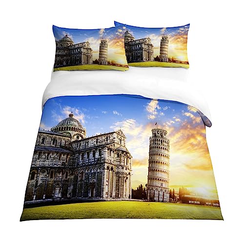 EXSANLIEAY Bettwäsche 220x200 Die Architektur Bettbezug Weich Mikrofaser Schloss Bettwäsche-Sets mit Reißverschluss und 2 Kissenbezüge 80x80 für Mann und Frau