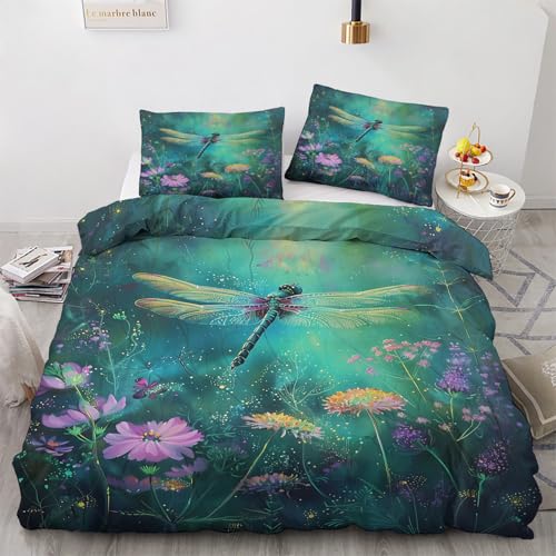 Generisch Libellen Deko - Winter Bettwäsche 135x200 Libellen, Botanisch Naturmotive Bettbezug 135 x 200 2er Set mit 1 Kissenbezug 80x80, Weiche Mikrofaser Winterbettwäsche mit Reißverschluss J*&32