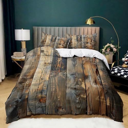 Bettwäsche 200x200 Retro-Holzstruktur 3D Bettwäsche-Sets Landhausstil 3 Teilig Weich Mikrofaser Bettbezug Set mit Reißverschluss + 2 Kissenbezüge 80x80 cm 6326-K
