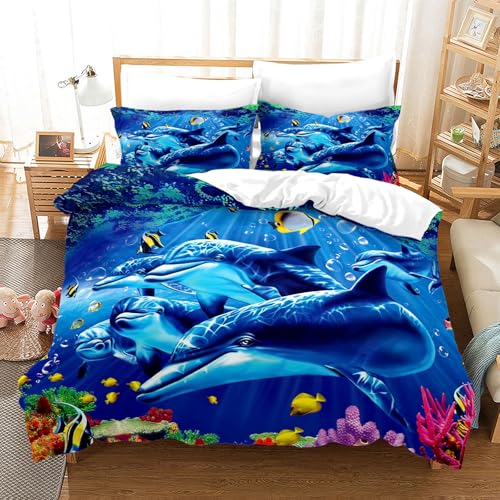 EHAOKK 3D Meer Tier Bettwäsche Set,Delfin,Tropischer Fisch,Korallen,Meereslebe n Bettbezug,Blaue Unterwasserwelt Bettbezug für Kinder (D, 135x200cm)