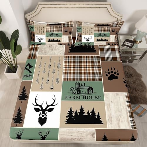 Bauernhaus Hirsch Bettwäsche Set 90x200x30,Retro Land Tier Bettwäsche Rustikale Kabine Lodge Spannbettlaken Plaid Pfeile Abenteuer Patchwork Blätter mit 1 Kissenbezug,Braun Grün