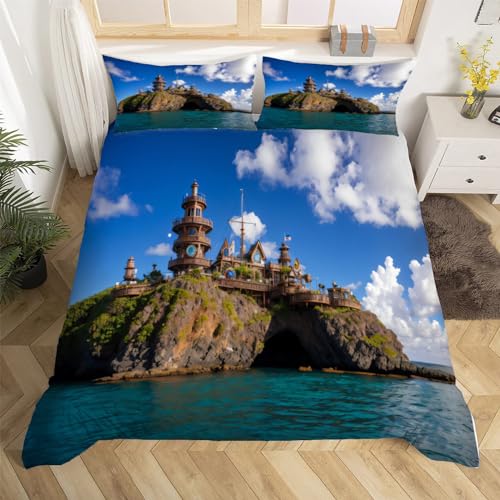 3D Schlossberg Bettwäsche 200x200 Blau Himmel Weiß Wolke Weiche Microfaser Bettwäsche-Sets Bettbezug mit Reißverschluss und 2 Kissenbezug 80x80 cm